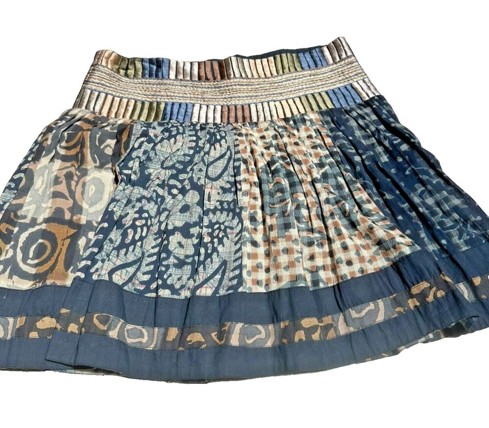 Ritu Kumar Pleated Mini Skirt Boho Indian Embroidered Glam Batik Block Print S
